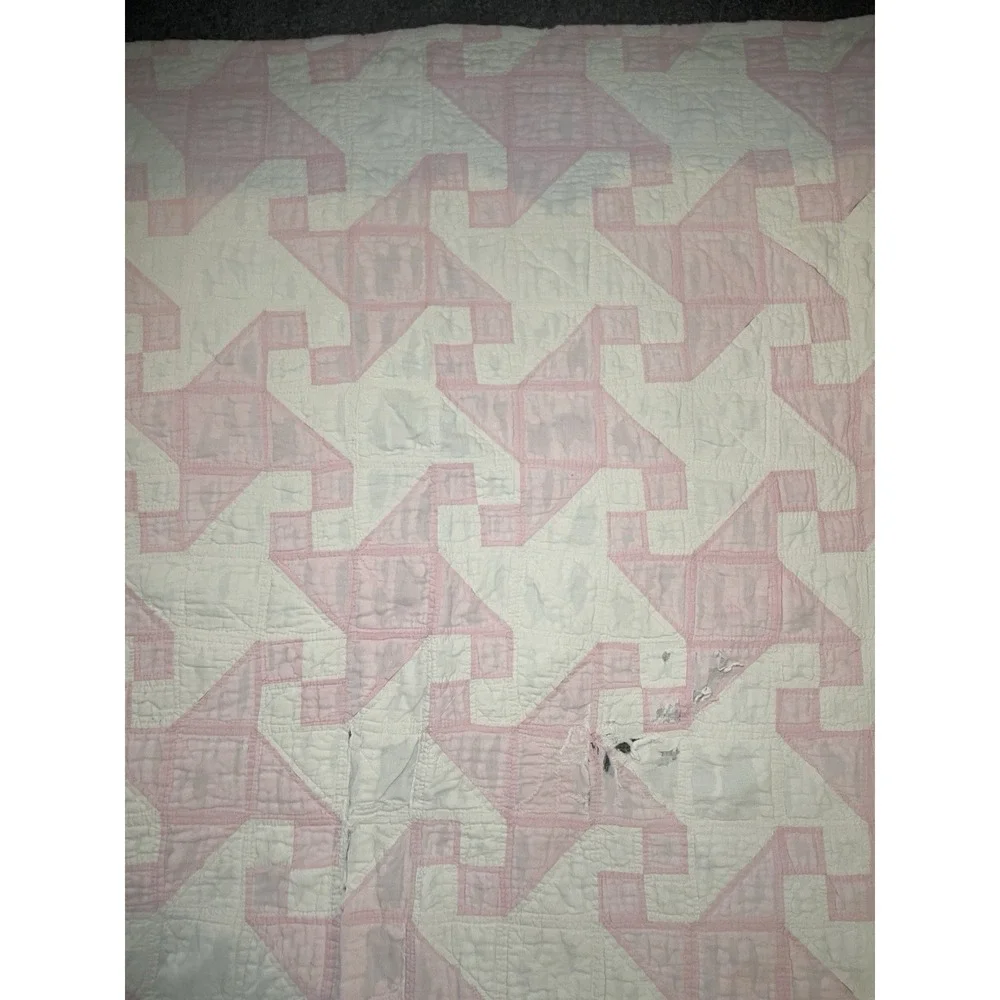 VTG ANTIQUE HANDMADE QUILT 69x69 Drunkard's Path Pink White Cottage 1920's Loved